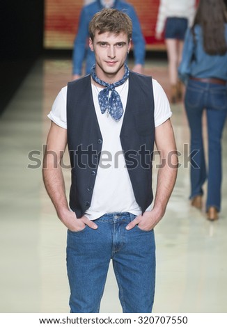 BARCELONA - FEBRUARY 02: french model Clement Chabernaud walks on the Mango catwalk during the 080 Barcelona Fashion runway Fall/Winter 2015 on February 02, 2015 in Barcelona, Spain.
