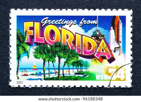 UNITED STATES – CIRCA 2002: A postage stamp printed in USA showing an image of Florida state, circa 2002.