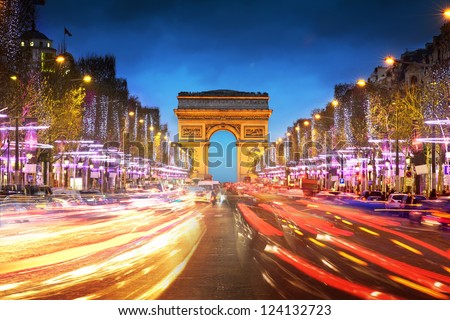 Arc de triomphe Paris city at sunset - Arch of Triumph and Champs Elysees