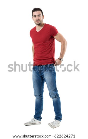 Similar – Image, Stock Photo Trendy young guy adjusting futuristic sunglasses in neon studio
