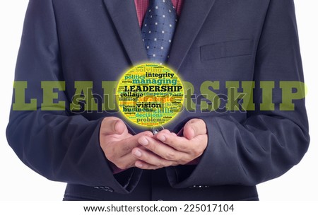Leadership word collage on the open hand of executive