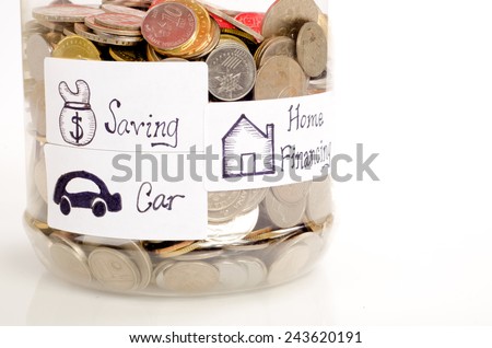 Interpretation of home financing, car saving and saving concept by using coin in the jar