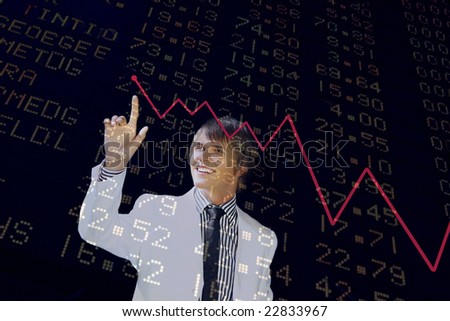 young business man pointing to a chart isolated on black
