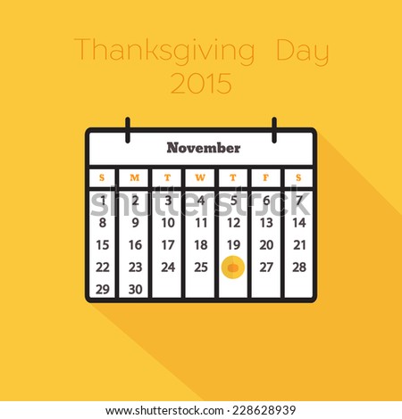 Flat holiday calendar icon. 26th of November, 2015. Thanksgiving day