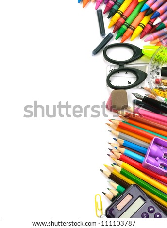 School and office supplies frame, on white background, back to school