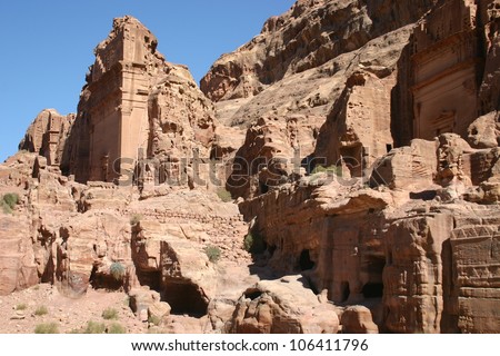 At the ancient rock carved Nabatean city of Petra in Jordan, numerous homes are still lived in high in the surrounding mountains by bedouins.