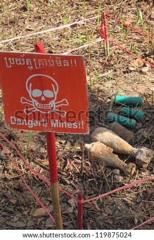 Unexploded ordinance such as these mortar shells are common in the mine fields of Cambodia
