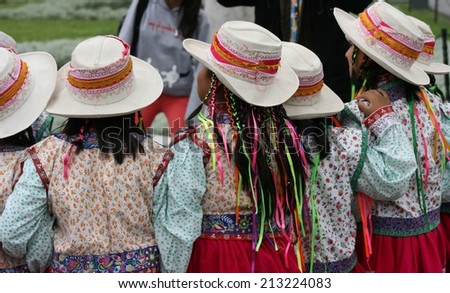A group of school girls in native dress on a field trip in Lima Peru