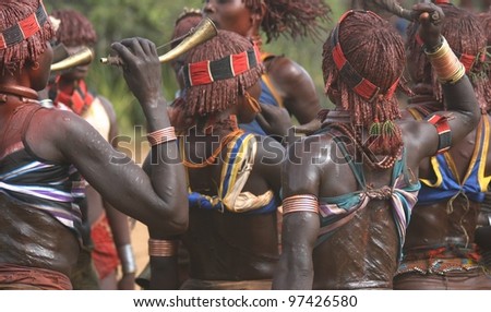 In the Omo Valley of Ethiopia, women of the Hamer tribe dance at a local wedding