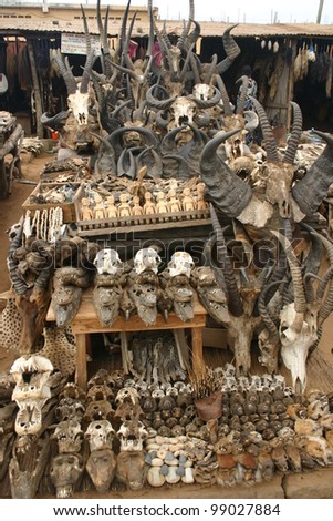 Thousands of animal parts line the fetish market at Lome, in Togo Africa, as part of voodoo sacrifices