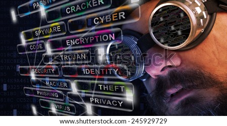 Shag beard and mustache man with goggles study cyber security related issues