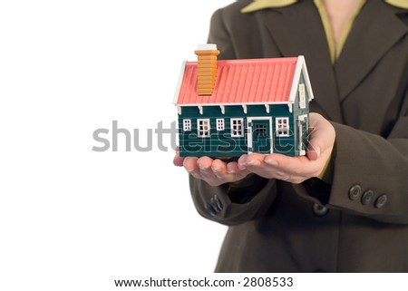 Business woman presenting a real estate offer - with copy space (isolated)