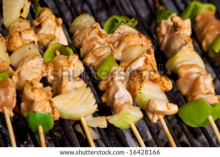 Barbecue sticks with chicken meat, onion and pepper slices - closeup