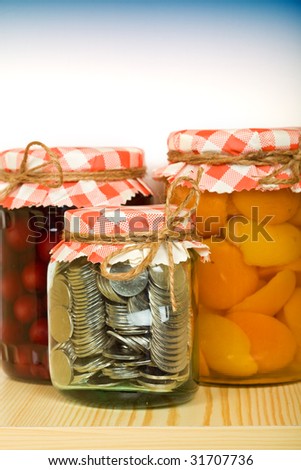 Put aside when you have plenty - money saving concept with coins in a jar