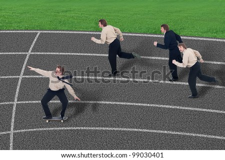 Leverage in business competition - businessman with skateboard among runners