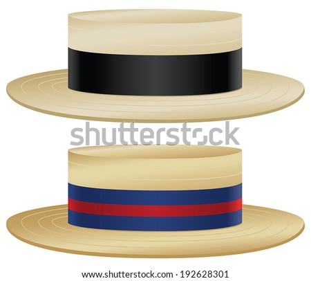 Traditional boater hats with variations in straw and ribbon color. 