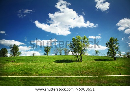 Perfect green landscape with bubble trees and blue sky with clouds