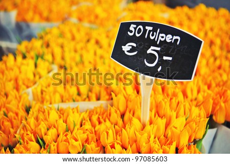 Vases full of fresh yellow tulips for sale at flower market in Amsterdam, The Netherlands