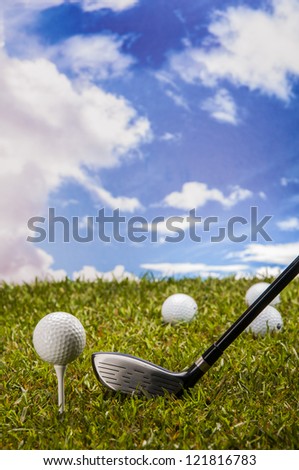Golf theme on green grass and sky background