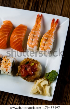Oriental magic theme with Japanese seafood, sushi set