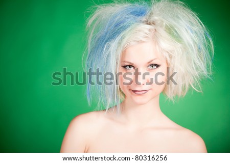 Crazy image, close up studio isolated over green shot