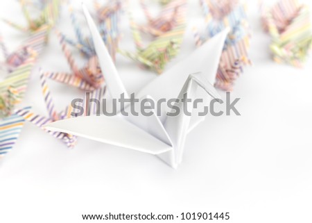 A big white paper bird and a group of small paper birds, shallow depth of field