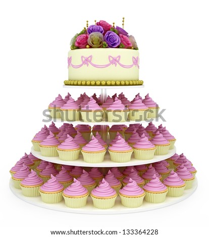 multi tiered wedding celebration cake with sugar roses and cupcake. Isolated on white background