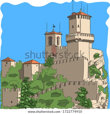 Guaita Tower in an old medieval fortress on a cliff. Republic San Marino.