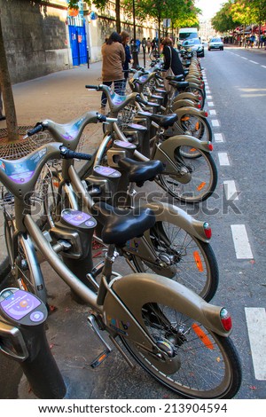 PARIS, FRANCE - May 3, 2014: Bicycle hire, everyone can rent a bicycle at the time