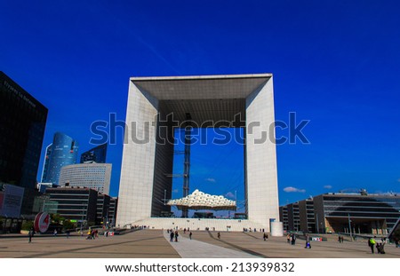 PARIS, FRANCE - MAY 4, 2014:  La Grande Arche in La Defense business district. An architectural masterpiece in the name of humanity and humanism.