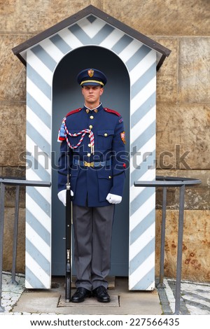 Prague, Czech Republic - September 30, 2014: Soldier guard of honor at the post near the Presidental palace.