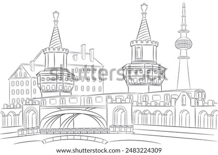 Vector drawing of the old brick Oberbaum Bridge in Berlin isolated on a white background.