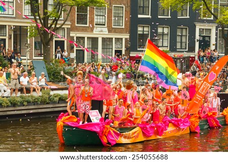 Amsterdam, Netherlands - August 2, 2014:  participants in the annual event for the protection of human rights and civil equality - Gay Pride.