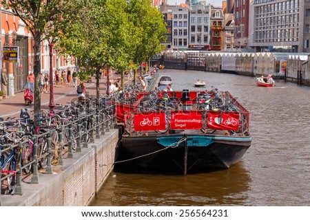 Amsterdam, Netherlands - August 3, 2014: floating bicycle parking on the canal near the flower market in Amsterdam.