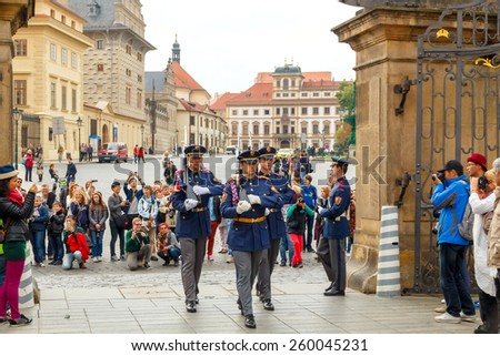 Prague, Czech Republic - October 6, 2014: Soldiers guard of honor near the Presidental palace.