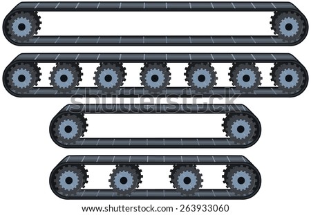 Vector illustration pack of four types of conveyor belt tracks with wheels.
