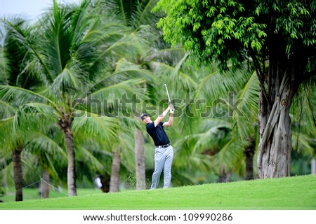 NAKHONPATHOM,THAILA ND - AUG 10:Scott Strange of AUS to hits a shot during hole9 day two of the Golf Thailand Open at Suwan Golf&Country Club on August 10, 2012 in Nakhonpathom Thailand