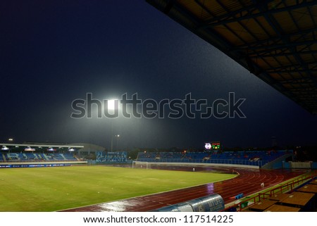CHONBURI,THAILAND-OCTOBER 23:View of Chonburi stadium  heavy rain before the match the AFC CUP  between Chonburi F.C.and Arbil S.C.(IRQ) at Chonburi Stadium on Oct 23,2012 in Thailand