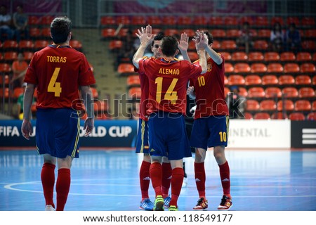 BANGKOK,THAILAND-NOVEMBER05: Alemao (no.14) of Spain celebrates with team mate during the FIFA Futsal World Cup Spain and Panama at Indoor Stadium Huamark on Nov5, 2012 in Bangkok,Thailand.