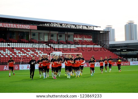 BANGKOK,THAILAND-JANUARY 6:Players of PSV in action during training  ahead of The AIA Champions Cup match between SCG Muangthong Utd. and PSV at SCG Stadium on Jan6,2012 in ,Thailand.