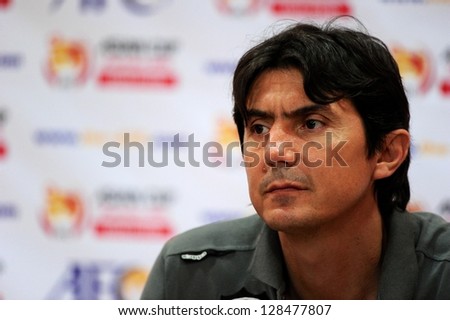 BANGKOK THAILAND-FEB 06:coach Goran Tufegdzic of Kuwait speaks to the media after match during the Asian Cup qualifying between Thailand and Kuwait at Rajamangala stadium on Feb 06, 2013 in,Thailand.