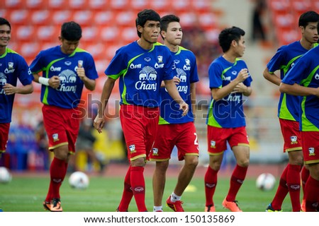 BANGKOK,THAILAND-AUGUST07:Players of Thailand XI in action during the international friendly match Thailand XI and FC Barcelona at Rajamangala Stadium on August 7,2013 in,Thailand.