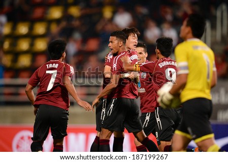 BANGKOK THAILAND-MARCH 09:Michael Murcy (L2)of Insee Police United. celebrates after scoring Thai Premier League  Insee Police United.and Air Force F.C.at Thammasat Stadium on March 09, 2014,Thailand