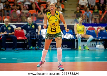 BANGKOK,THAILAND-AUGUST15:LÃ?Â©ia Silva of Brazil in action  during the FIVB Women\'s World Grand Prix 2014  Brazil and USA at Indoor Stadium Huamark on Aug.15, 2014 in Thailand.