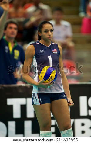 BANGKOK,THAILAND-AUGUST15:Alisha	Glass of USA in action during the FIVB Women\'s World Grand Prix 2014  Brazil and USA at Indoor Stadium Huamark on Aug.15, 2014 in Thailand.