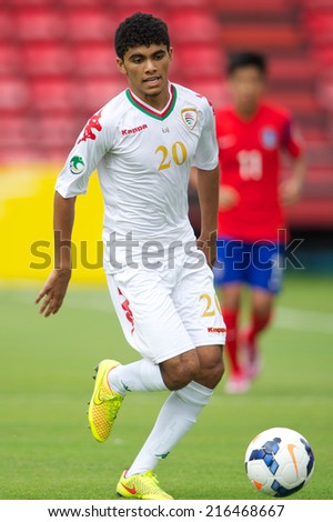 NONTHABURI THAILAND-SEPTEMBER 06:Salaah Said Salim Al Yahyaei #20 of Oman in action during the AFC U-16 Championship between Korea Republic and Oman at Muangthong Stadium on Sep 06, 2014,Thailand