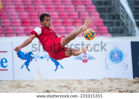 PHUKET THAILAND-NOVEMBER15:Tran Van Hoa of Vietnam kick the ball during the Beach Soccer match between Kuwait and Vietnam the 2014 Asian Beach Games at Saphan Hin on November15,2014 in Thailand