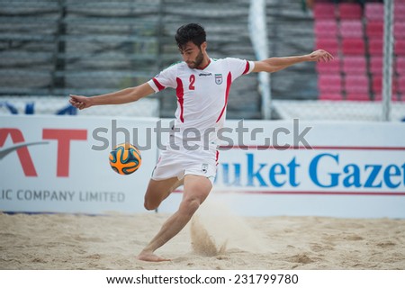 PHUKET THAILAND-NOVEMBER19:Amir Hosein Akbari Fartkhouni of Iran in action during the Beach Soccer between Thailand and Iran the 2014 Asian Beach Games at Saphan Hin on Nov19,2014 in Thailand