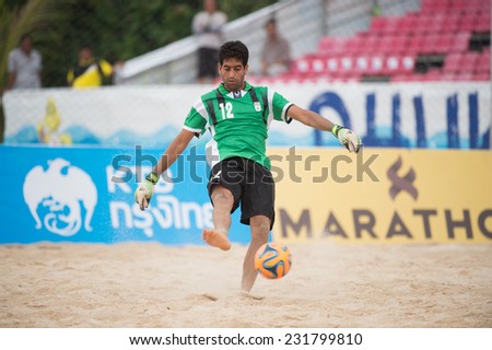 PHUKET THAILAND-NOVEMBER19:Goalkeeper Hamid Behzadpour of Iran in action during the Beach Soccer match between Thailand and Iran the 2014 Asian Beach Games at Saphan Hin on Nov 19,2014 in Thailand