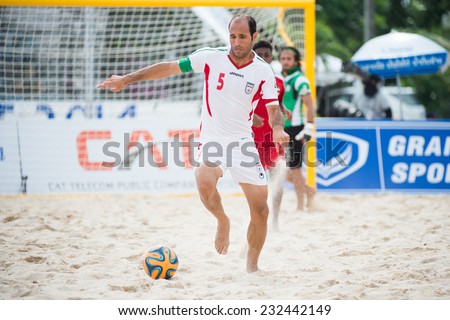 PHUKET THAILAND-NOVEMBER20 :Ali Naderi Hosseinabadi of Iran in action during the Beach Soccer match between UAE and Iran the 2014 Asian Beach Games at Saphan Hin on Nov 20,2014 in Thailand